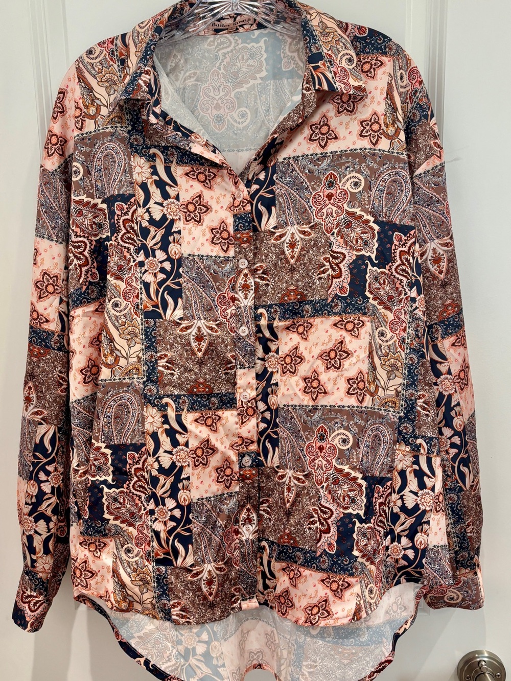 Paisley Patchwork Button-Up Blouse in Pink and Navy